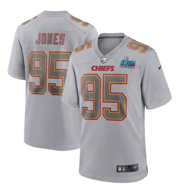 Men's Kansas City Chiefs #95 Chris Jones Gray Super Bowl LVII Patch Atmosphere Fashion Stitched Game Jersey1